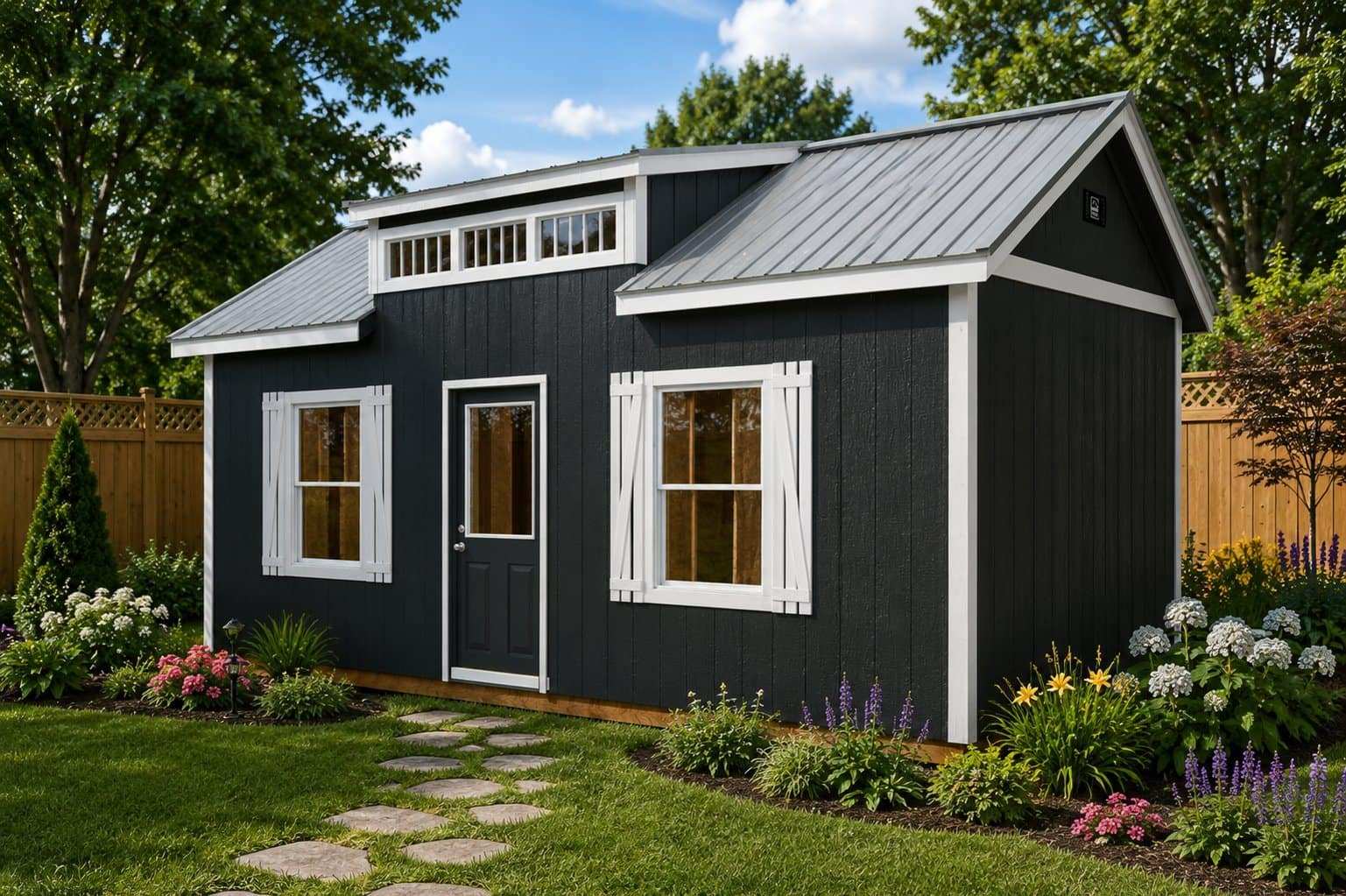 Charcoal Leland's shed with white trim and a metal roof in a Grandview, Texas backyard